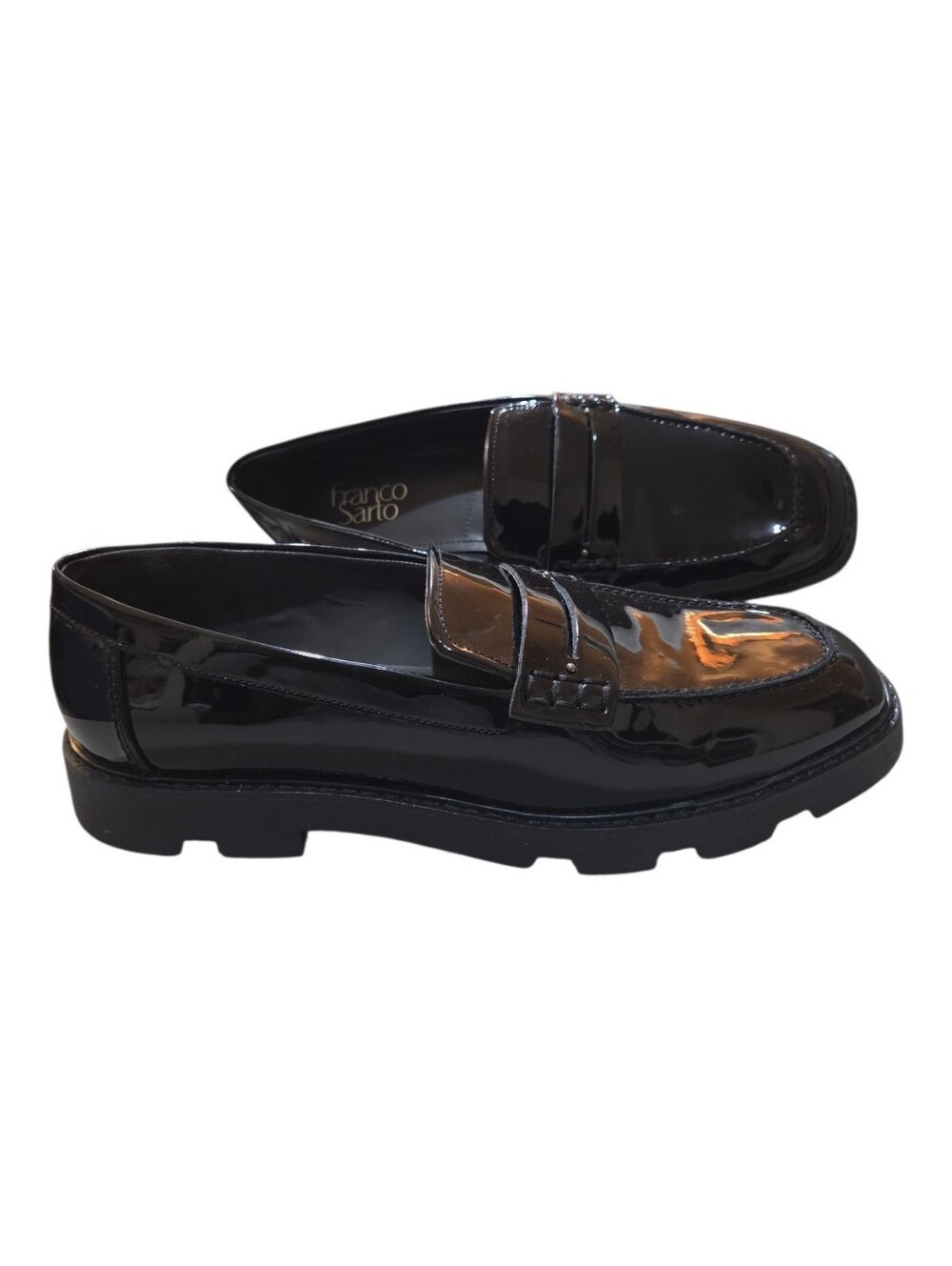 Franco Sarto Black Patent Leather Lug Sole Penny Loafers Size 9.5M